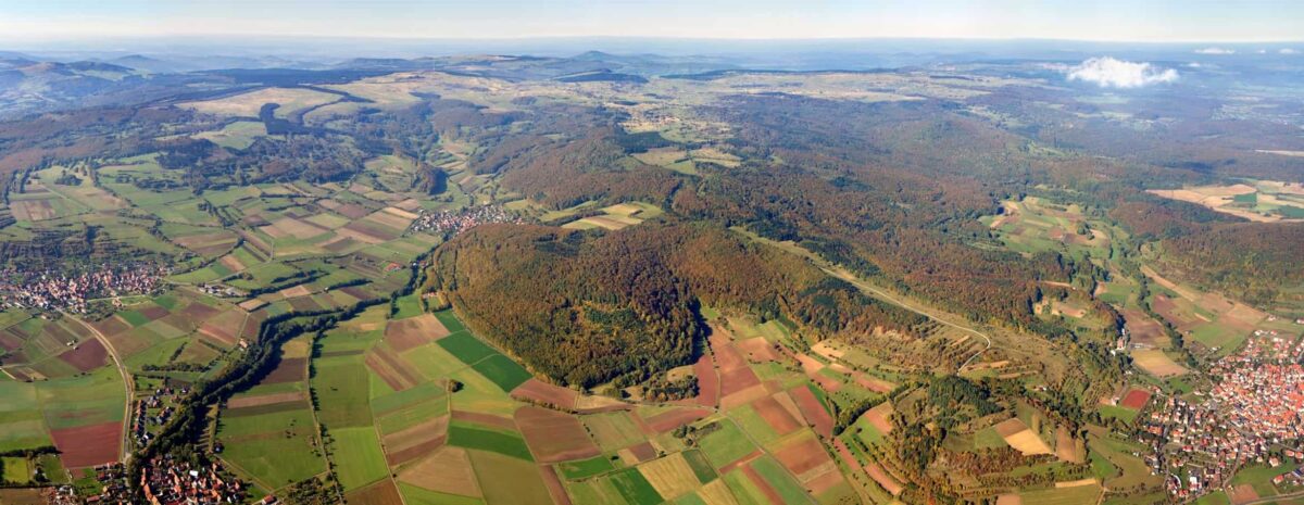 Wide panoramic view of the countryside and fields in the district of Rhön-Grabfeld